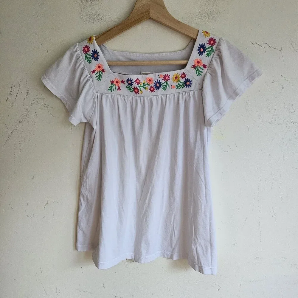 Crewcuts Embroidered Floral Peasant Top White Flutter Sleeve Kids 14 Flaws